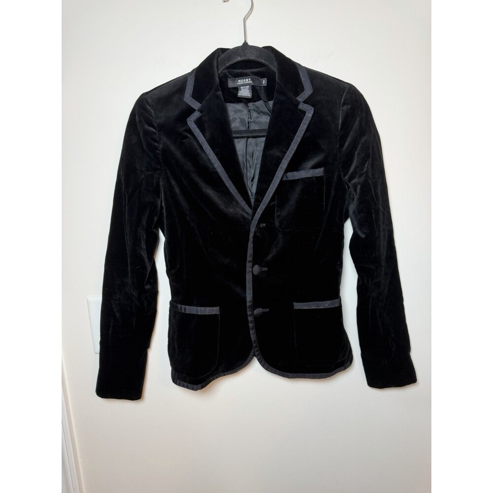 Rugby Ralph Lauren Women’s Black Cotton Velvet Blazer Grosgrain Trim Jacket Sz 2